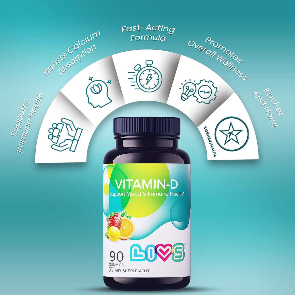 LIVS Vitamin D Gummies – 2000 IU Vitamin D3 for Immune Support, Bone & Teeth Health | Adult & Kids Vitamin D Supplement | Natural Lemon Berry & Orange Flavour | Gluten-Free | 90 Count/45 Servings - görsel 3