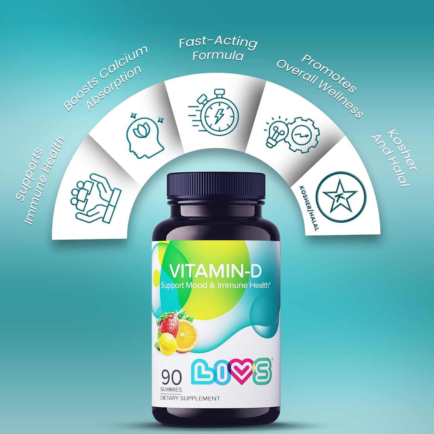 LIVS Vitamin D Gummies – 2000 IU Vitamin D3 for Immune Support, Bone & Teeth Health | Adult & Kids Vitamin D Supplement | Natural Lemon Berry & Orange Flavour | Gluten-Free | 90 Count/45 Servings - görsel 3