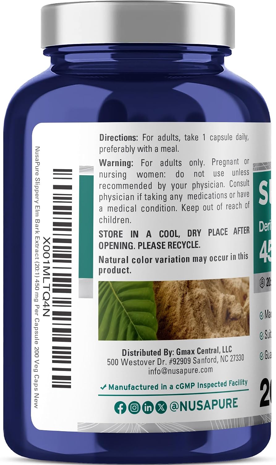 NusaPure Slippery Elm Bark Capsules, 450 mg, 200 Veg Capsules (Non-GMO, Vegan) - görsel 3