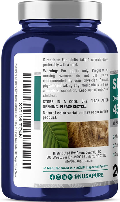 NusaPure Slippery Elm Bark Capsules, 450 mg, 200 Veg Capsules (Non-GMO, Vegan)
