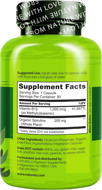 NATURELO Vegan B12 - Methyl B12 with Organic Spirulina - High Potency Vitamin B12 1000 mcg Methylcobalamin - 90 Capsules (Pack of 2)