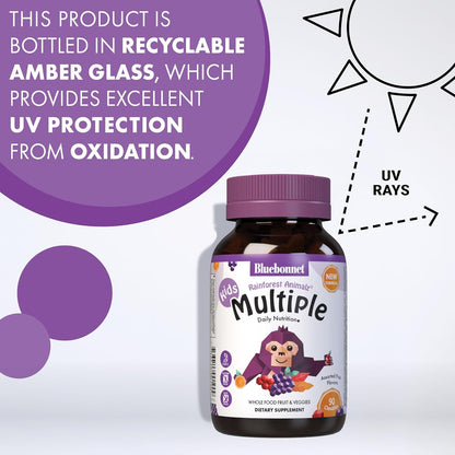 Bluebonnet Nutrition Rainforest Animalz Whole Food Based Multiple Chewable Tablets, Kids Multivitamin & Mineral, Vitamin C, D3, Iron, Gluten Free, Milk Free, Kosher, 180 Chewable Tablets, Mixed Flavour