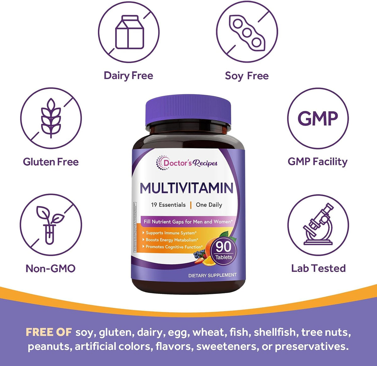 Doctor's Recipes Multivitamin for Women & Men, Immune, Energy & Brain Health Support, Vitamin A, C, D3, E, B6, B12, Folic Acid, Iron, Zinc, Copper, Selenium & Iodine, No Gluten, Non-GMO, 90 Tablets - görsel 5