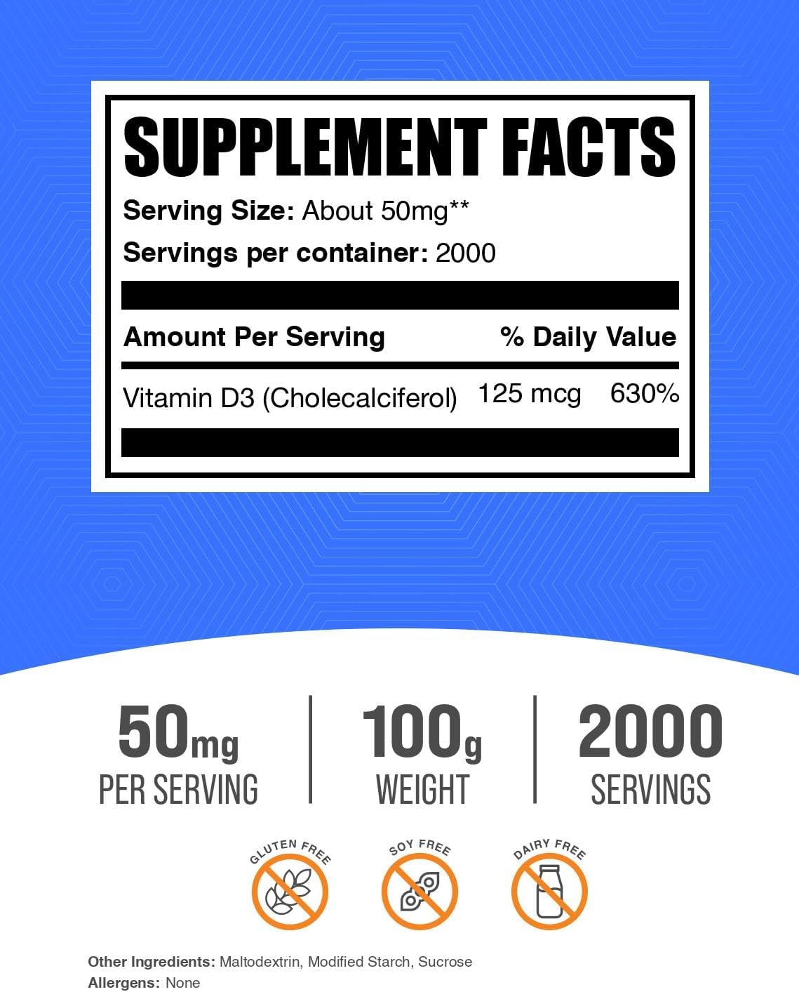 BulkSupplements.com Vitamin D3 Powder - Cholecalciferol, 5000 IU per Serving - Gluten-free, 100g (3.5 oz) - görsel 2
