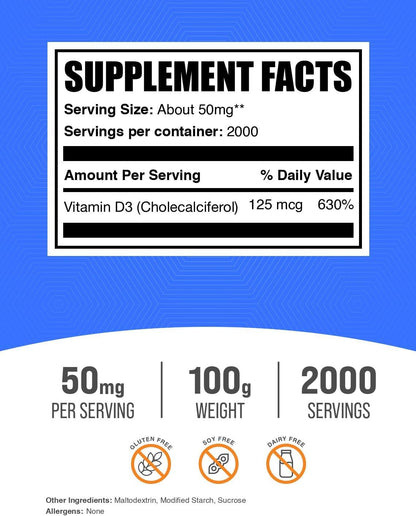 BulkSupplements.com Vitamin D3 Powder - Cholecalciferol, 5000 IU per Serving - Gluten-free, 100g (3.5 oz)