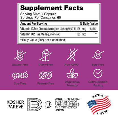 Zahler Vitamin D3 & K2 Advanced D3 & K2 Formula Supports Bone Density & Calcium Absorption, 60 Capsules.