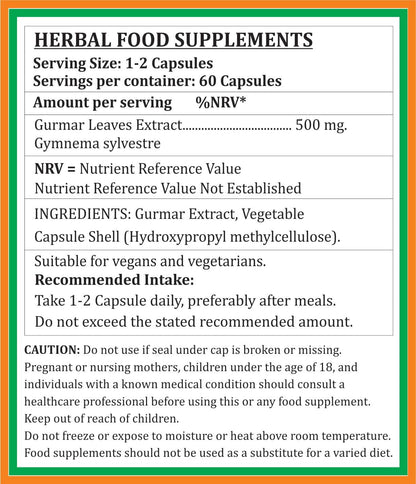 Gurmar Forte Capsules 500 mg - 60 Veg Capsules | Gudmar (Gymnema Sylvestre) 10:1 Extract