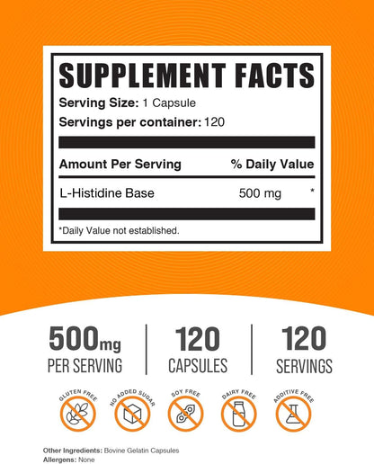 BulkSupplements.com L-Histidine Capsules - 500mg, 120 Capsules