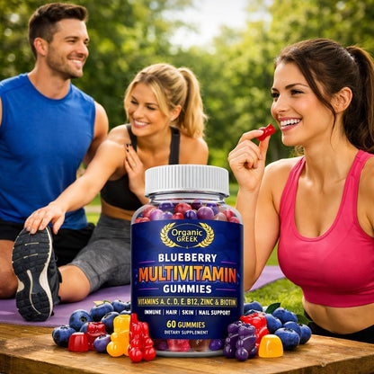 Organic Greek Multivitamin Gummies with Vitamin A, C, D, E, Zinc, B12, Biotin, B6, Iodine, Pantothenic Acid – 13 Vitamins and Minerals, Blueberry Flavour