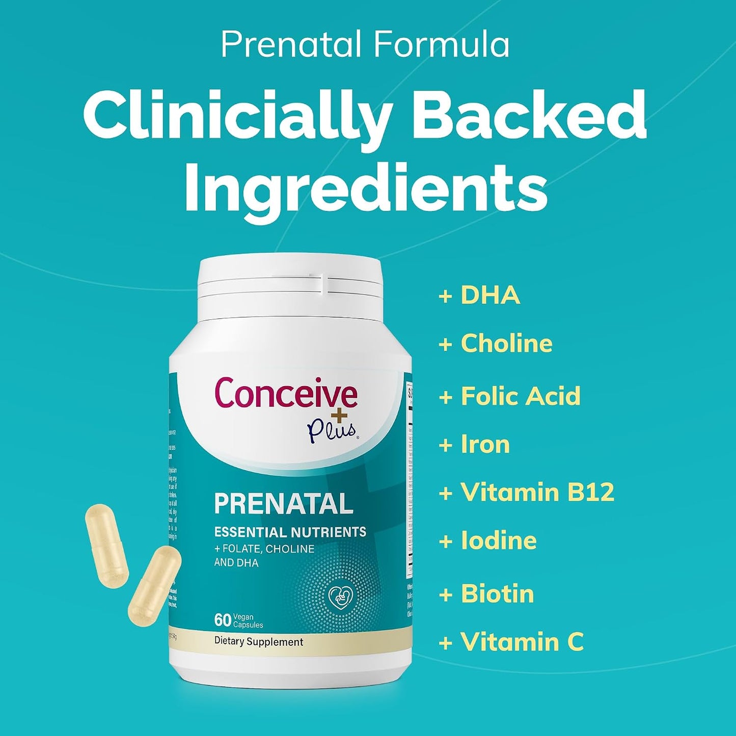Conceive Plus Prenatal Vitamins for Women – Multivitamin with Folic Acid, DHA, Choline, Iron – Vegan, Non-GMO – 60 Capsules - görsel 3