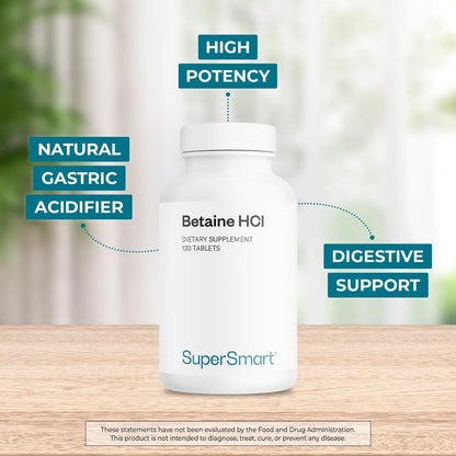 Supersmart Betaine HCl 2600 mg – Hydrochloric Acid Formula for Healthy Digestion, Non-GMO & Gluten-free – 120 Tablets