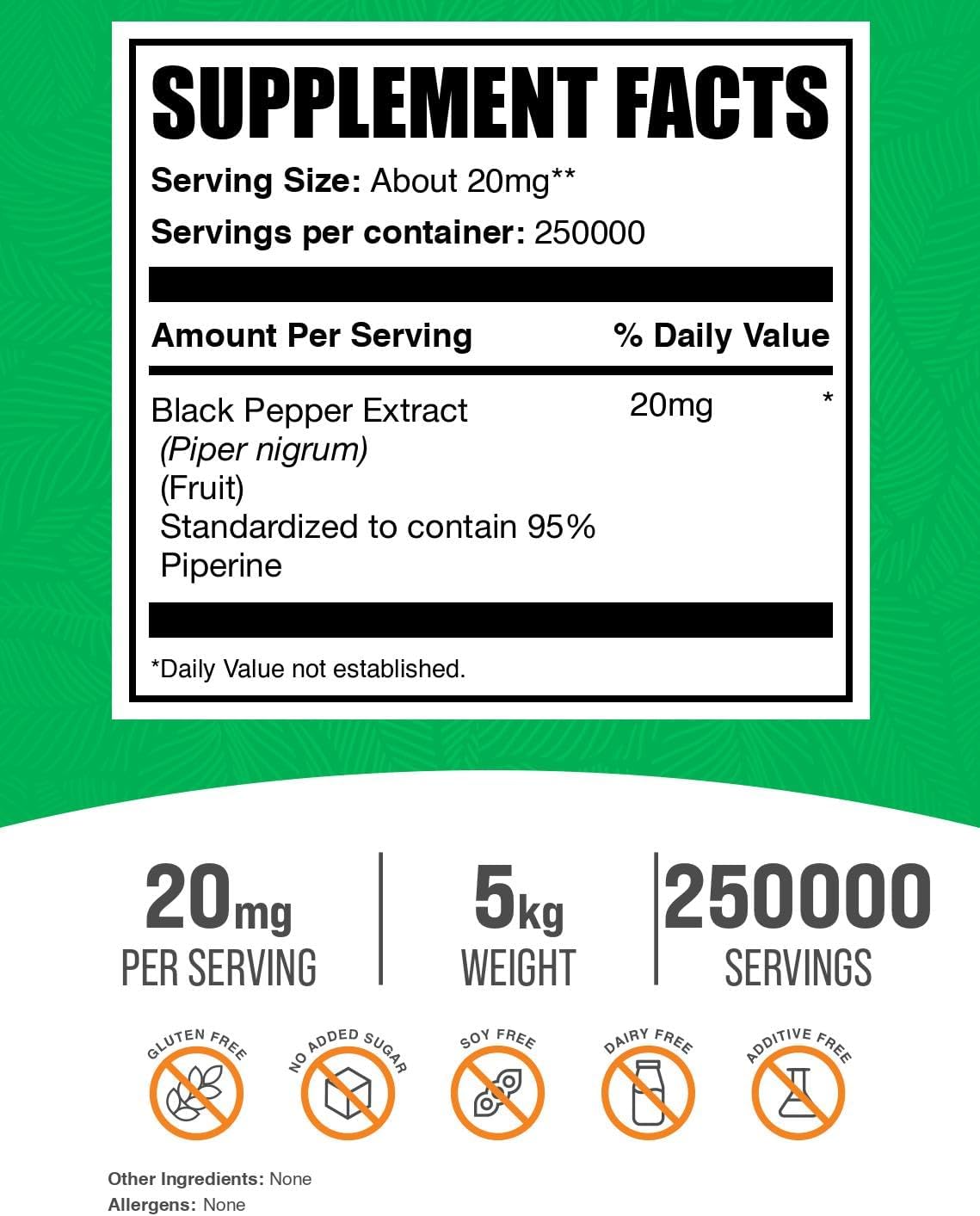 BulkSupplements Black Pepper Extract Powder (Piperine), 20mg per Serving, 5kg - görsel 2