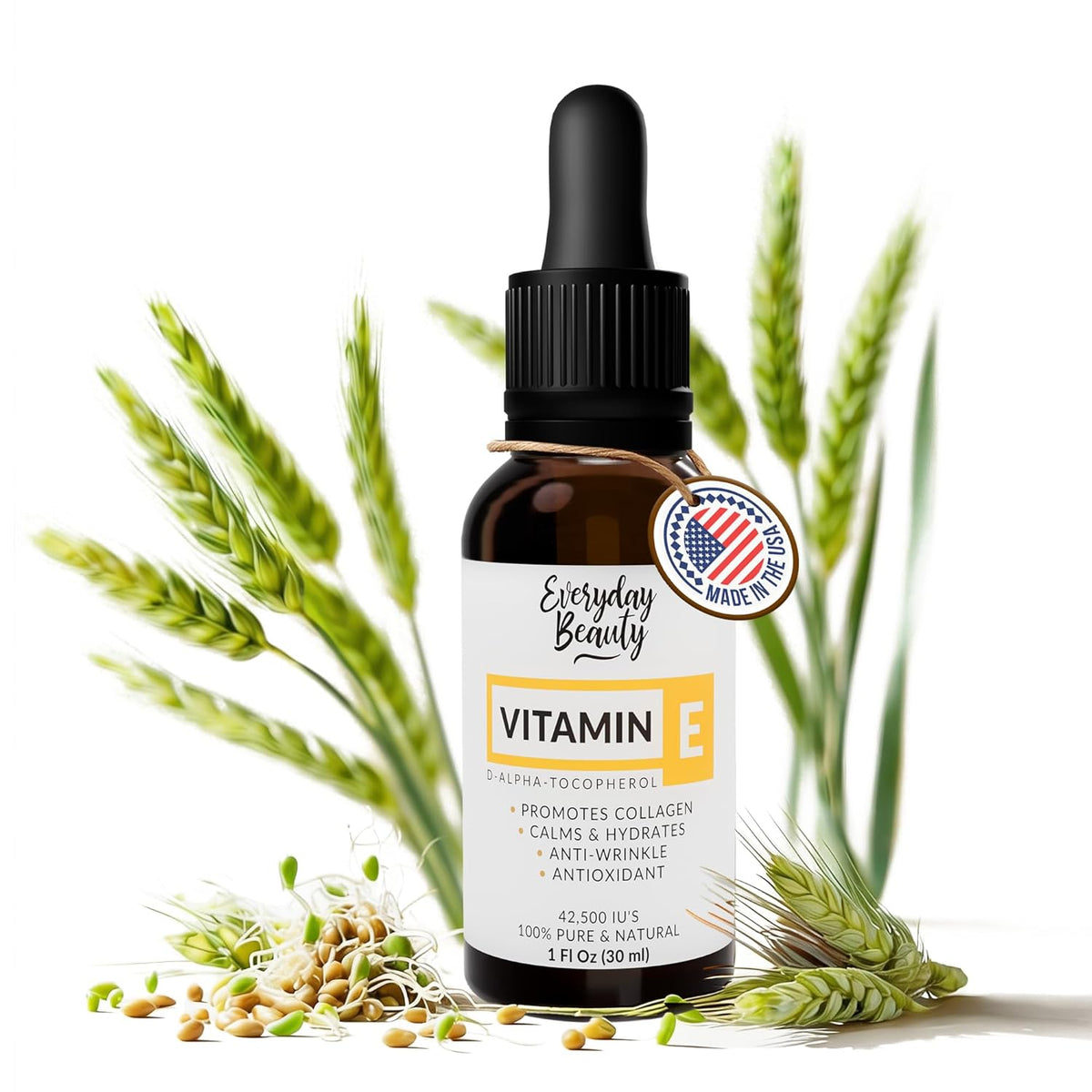 Everyday Beauty Ultra Pure Vitamin E Oil – 100% Natural D-Alpha Tocopherol from Wheat Germ – Glass Bottle & Dropper - görsel 1