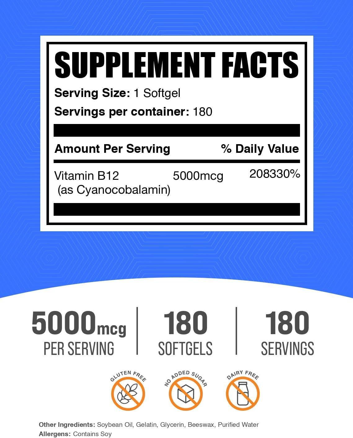 BulkSupplements Vitamin B12 5000 mcg Softgels - Cyanocobalamin, Gluten-Free, 180 Count - görsel 2