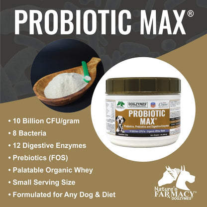 Dogzymes Probiotic Max - 10 Billion CFU Probiotics, Prebiotics, Digestive Enzymes (227 g)