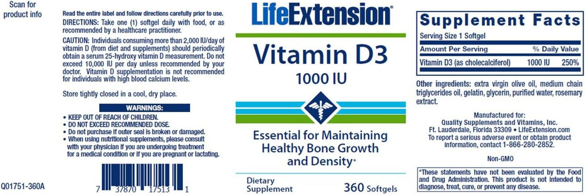 Life Extension Vitamin D3 25 mcg (1000 IU) – Value Size Two Pack (2 x 250 Softgels) - görsel 2