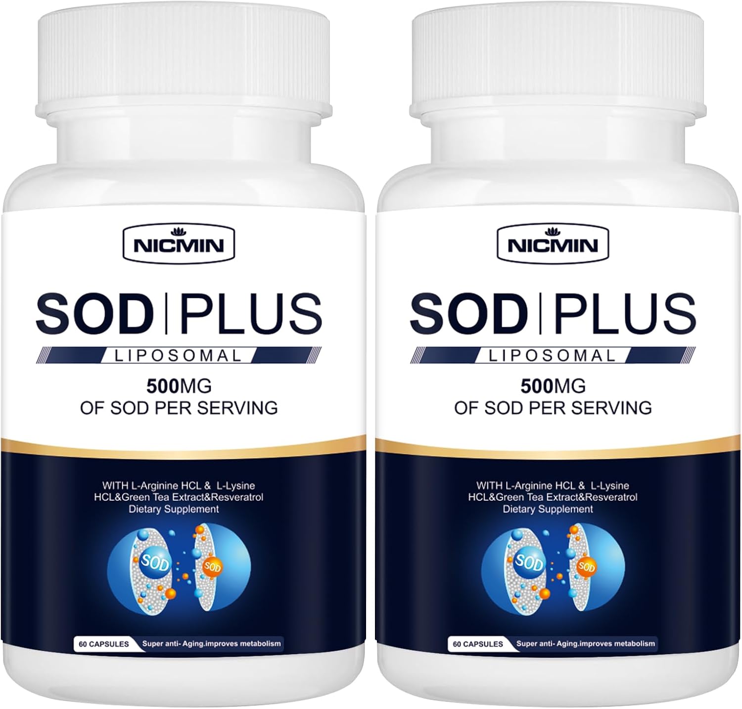 NICMIN SOD Plus 500 mg - Liposomal Superoxide Dismutase with Glutathione, AKG, Green Tea Extract, L-Arginine, Lysine, Resveratrol & Vitamin E - Antioxidant Supplement, 120 Capsules - görsel 1