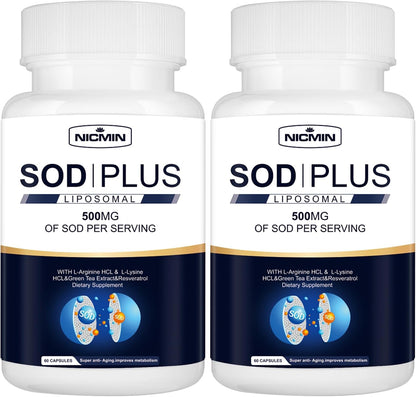 NICMIN SOD Plus 500 mg - Liposomal Superoxide Dismutase with Glutathione, AKG, Green Tea Extract, L-Arginine, Lysine, Resveratrol & Vitamin E - Antioxidant Supplement, 120 Capsules