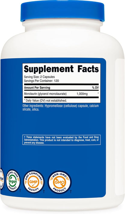 Nutricost Monolaurin 1000 mg - 240 Capsules (120 Servings) - Gluten-Free, Non-GMO, Vegan