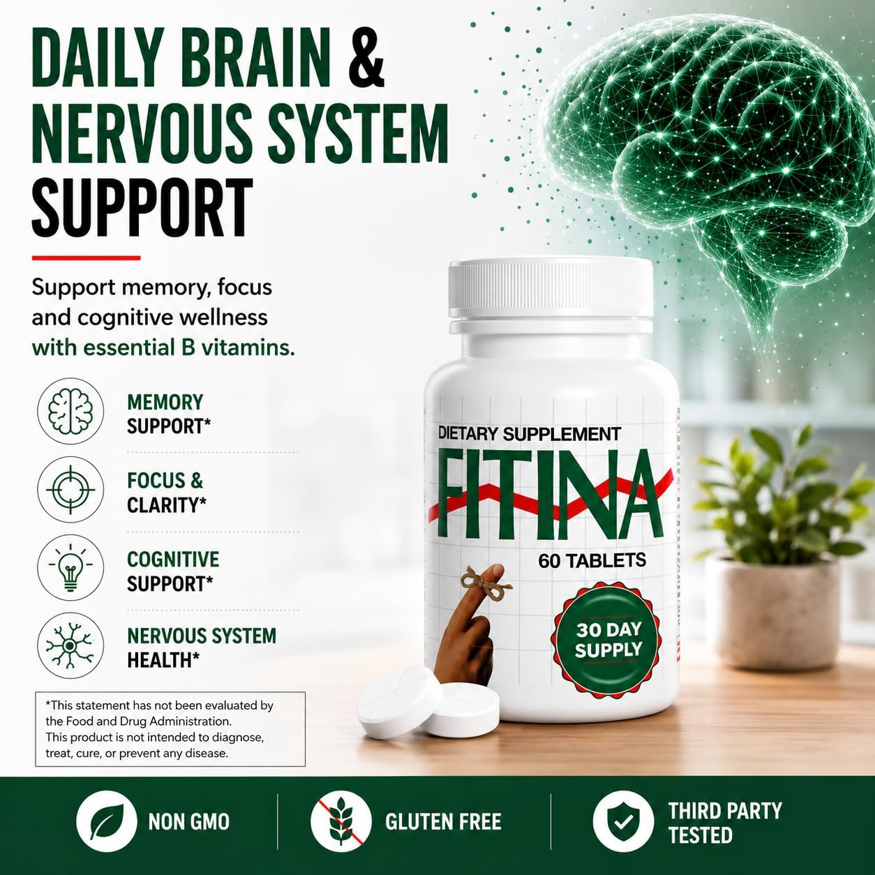 Fitina Brain Supplements for Memory and Focus with Vitamin B6 & Thiamine | High-Dose B Vitamins Nervous System and Cognitive Health Support, Daily Supplement Formula for Adults, 60 Tablets (2-Pack) - görsel 2