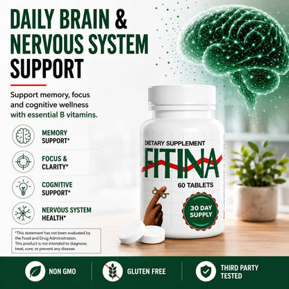Fitina Brain Supplements for Memory and Focus with Vitamin B6 & Thiamine | High-Dose B Vitamins Nervous System and Cognitive Health Support, Daily Supplement Formula for Adults, 60 Tablets (2-Pack)