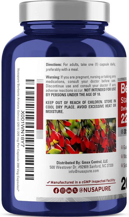 NusaPure Berberine HCl Capsules, 225 mg, 200 Veg Capsules (Non-GMO, Vegan)