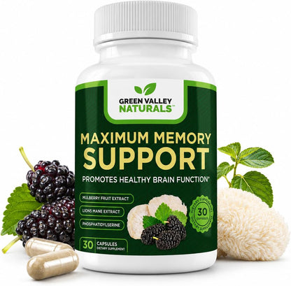 Green Valley Naturals Maximum Memory Support | Cognitive Formula with Lion's Mane, Mulberry, Phosphatidylserine & Methylated B Vitamins | 30 Capsules
