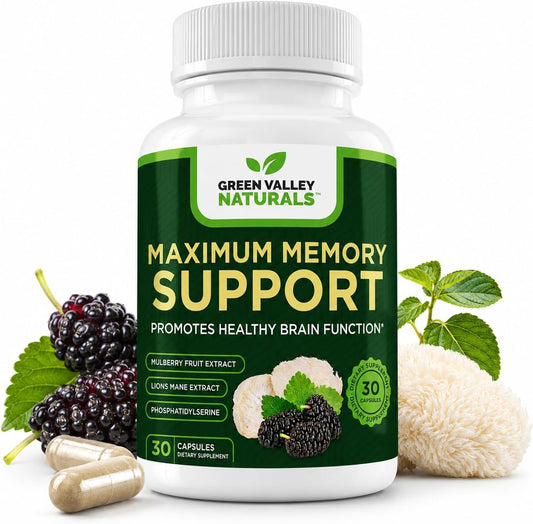 Green Valley Naturals Maximum Memory Support | Cognitive Formula with Lion's Mane, Mulberry, Phosphatidylserine & Methylated B Vitamins | 30 Capsules