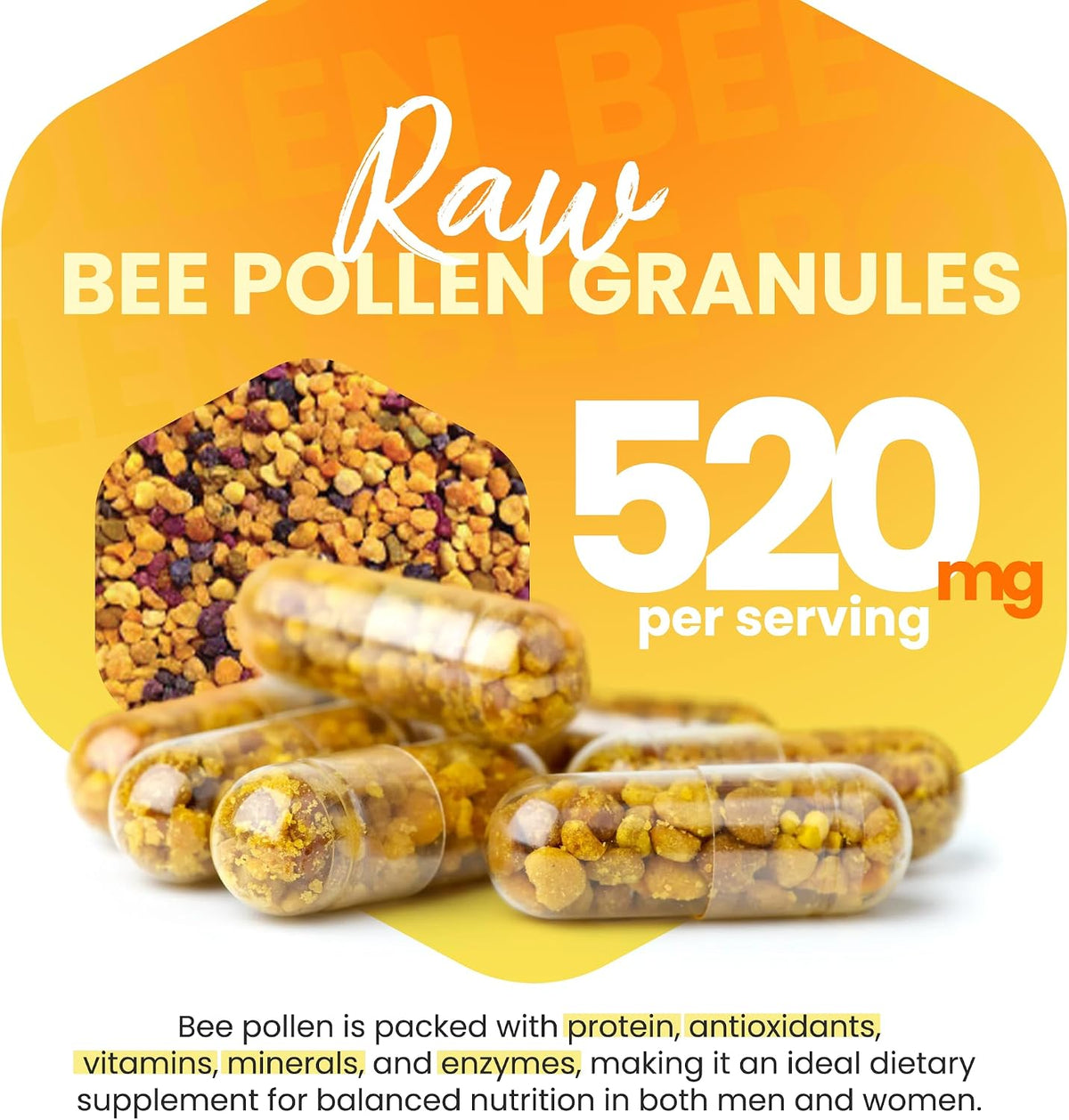 HONEYBEEZONE 100% Raw Bee Pollen Granules – 60 Veggie Capsules - görsel 2
