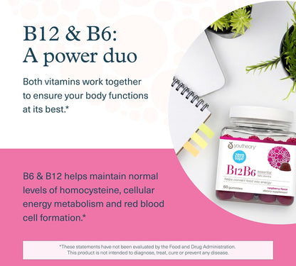 Youtheory B12B6 Gummies – Vitamin B12 & B6 – Contributes to Normal Energy Metabolism & Nervous System Function – Sugar Free – 60 Gummies