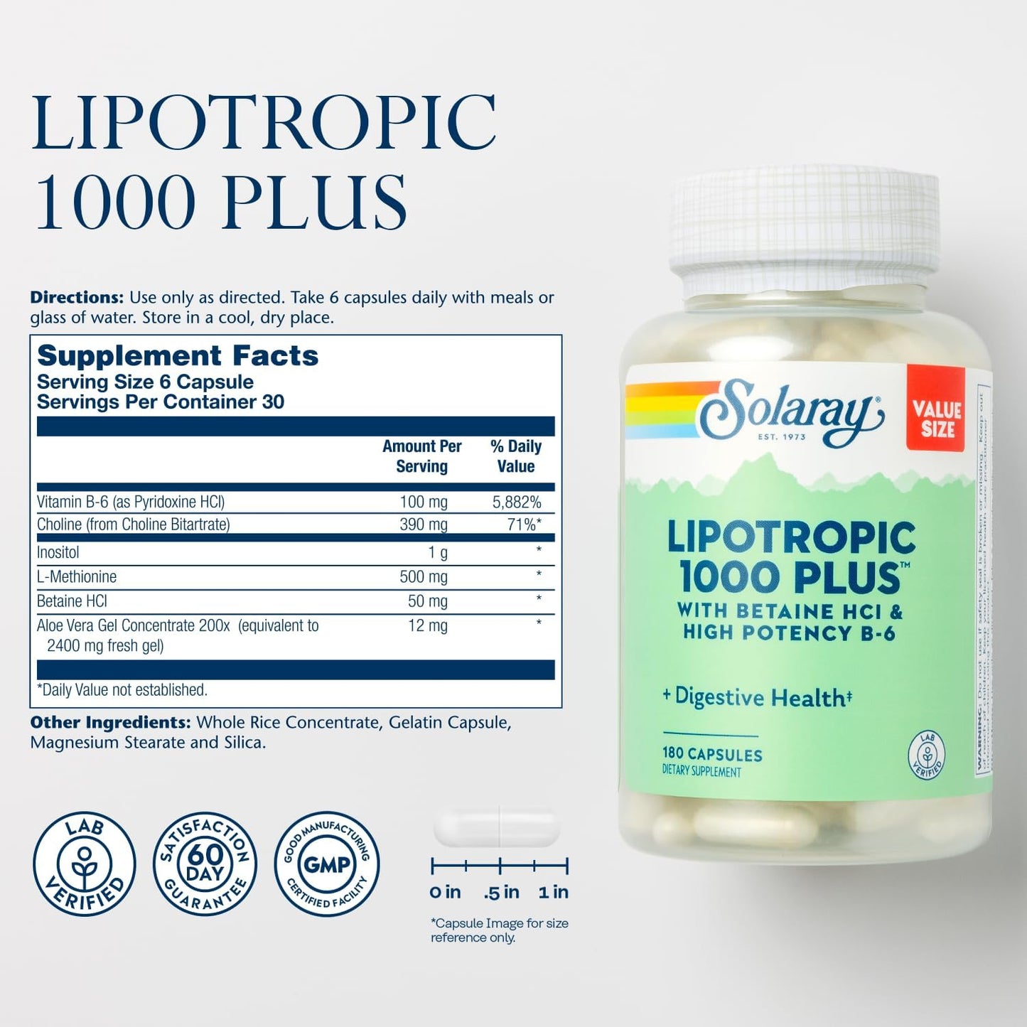 SOLARAY Lipotropic 1000 Plus – Digestive, Energy & Fat Metabolism Support with Betaine HCl and Vitamin B-6 (180 Capsules) - görsel 2