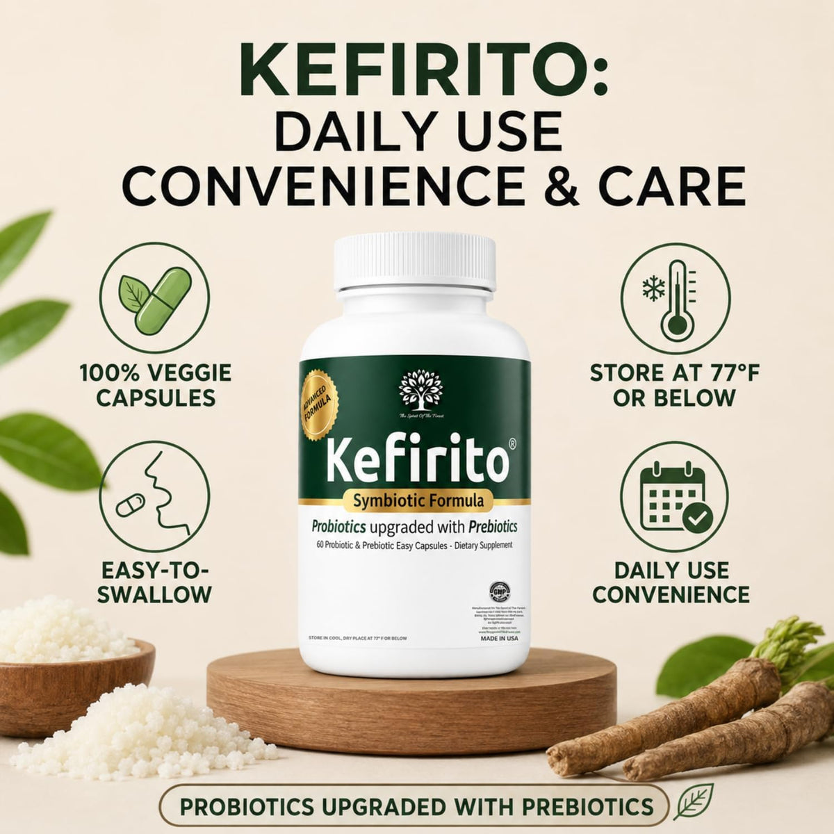Kefirito Daily Symbiotic Formula – Probiotic + Prebiotic Daily Supplement, 60 Capsules - görsel 7