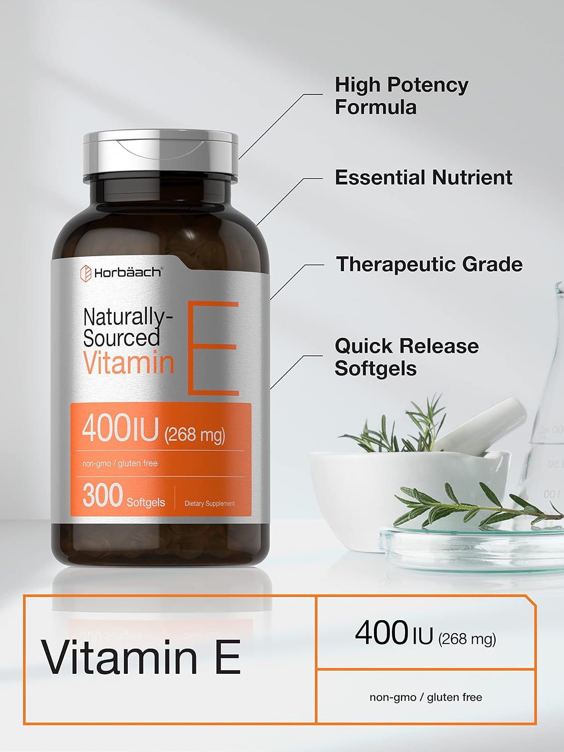 Horbäach Vitamin E Supplement | 400 IU (268mg) | 300 Soft gel capsule Capsules | d-Alpha Tocopherol | Non-GMO & Gluten-free Formula - görsel 3