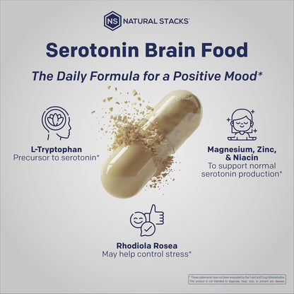 Serotonin Brain Food - 1250mg L-Tryptophan & 400mg Rhodiola Rosea Food Supplement - Mood Support with Magnesium Glycinate & Zinc - 60 Capsules