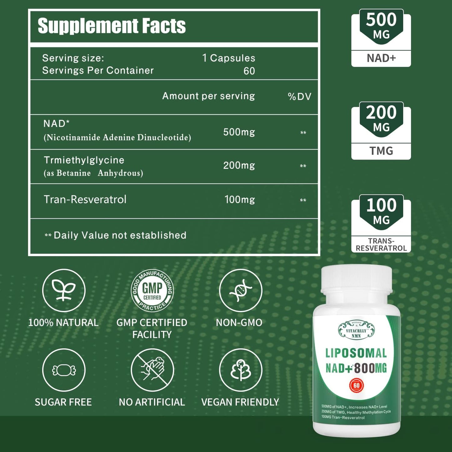 Liposomal NAD+ Plus (800mg Blend: 500mg NAD+, 200mg TMG, 100mg Resveratrol) – 180 Capsules (3-Pack) - görsel 2