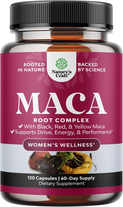 Maca Root Capsules for Women - Potent Herbal Supplement with Female Enhancing Blend of Red Yellow & Black Maca Root - Non-GMO Certified Vegan and Gluten-Free with No Artificial Colours - 60 Count
