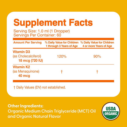 Feel Great USDA Organic Liquid Vitamin D Drops for Infants & Toddlers with K2, 2 oz