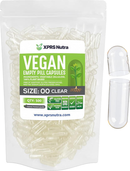 XPRS Nutra Size 00 Empty Vegan Capsules - 500 Count Clear Empty Capsules for DIY Supplement Filling