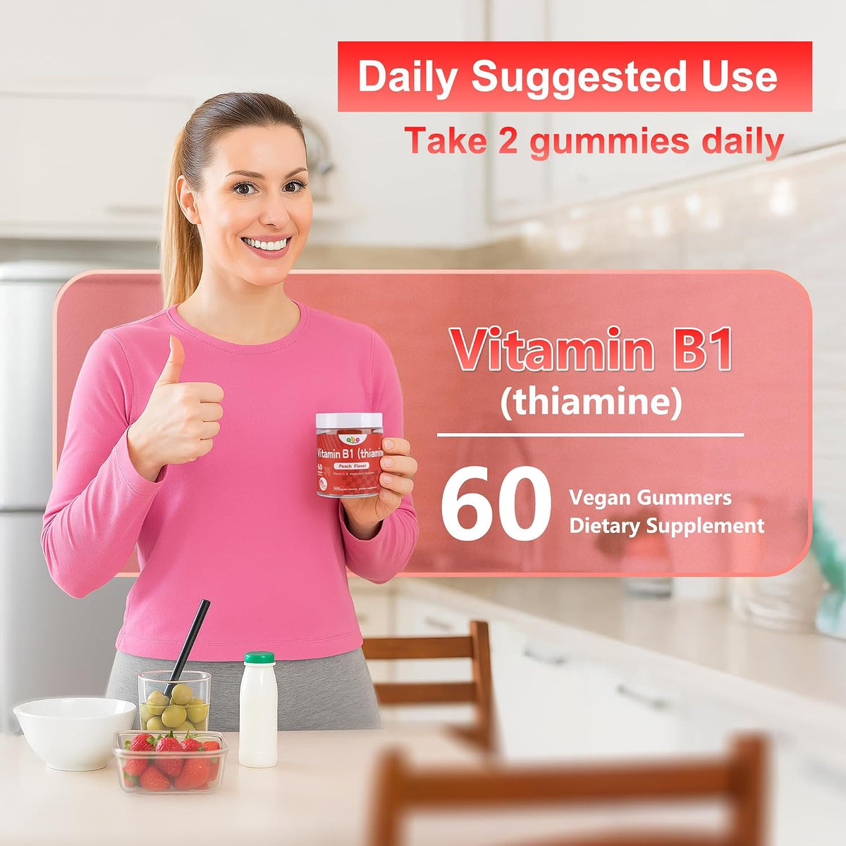 NEWOLITE Vitamin B1 Gummies 300mg - Chewable Thiamine Supplement with Magnesium - Natural Peach Flavour - 60 Gummies (1-Month Supply) - görsel 7