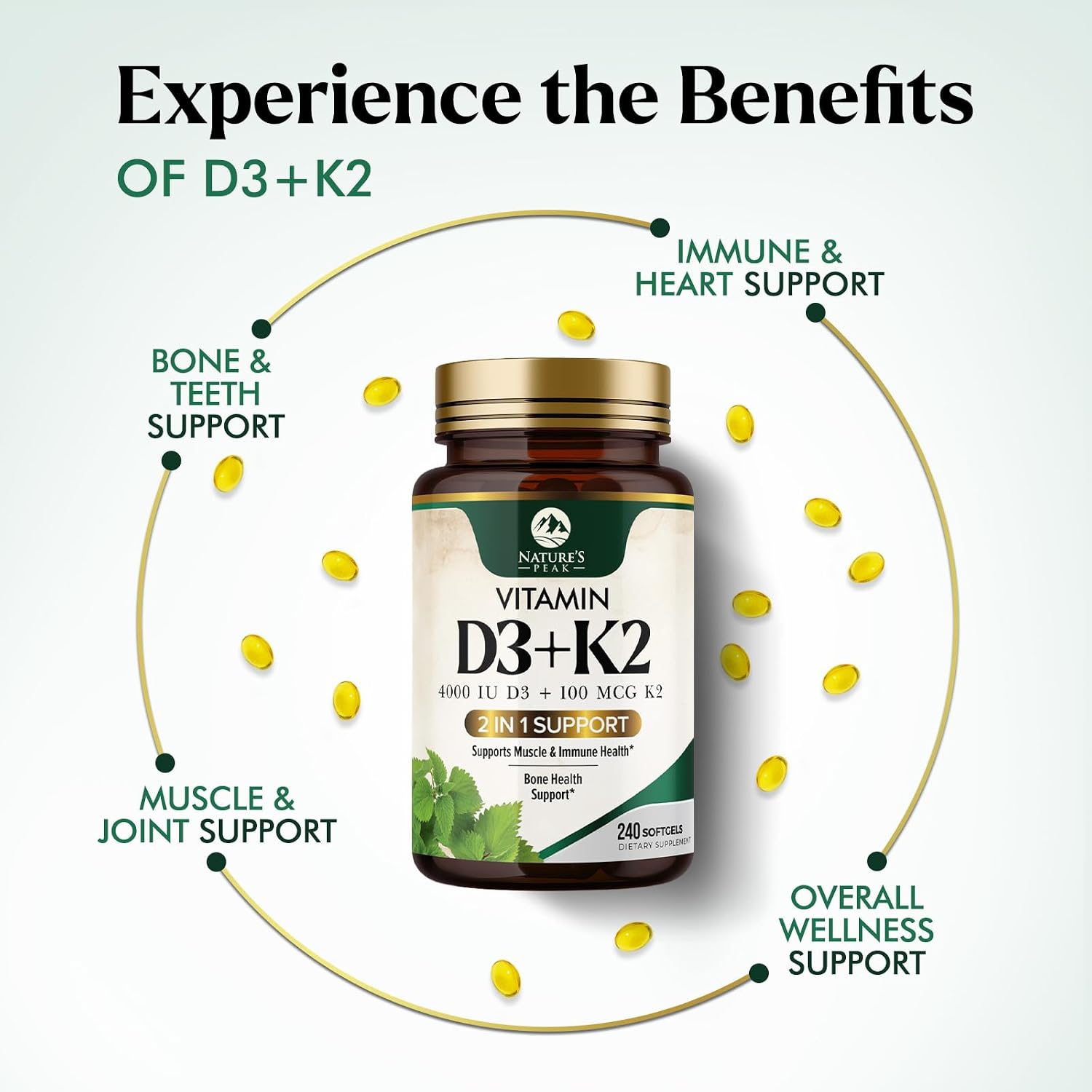 Vitamin D3 + K2 Supplement – High Potency with 4000 IU D3 and MK-7 – Bone, Immune and Heart Support – 240 Soft gel capsules - görsel 5