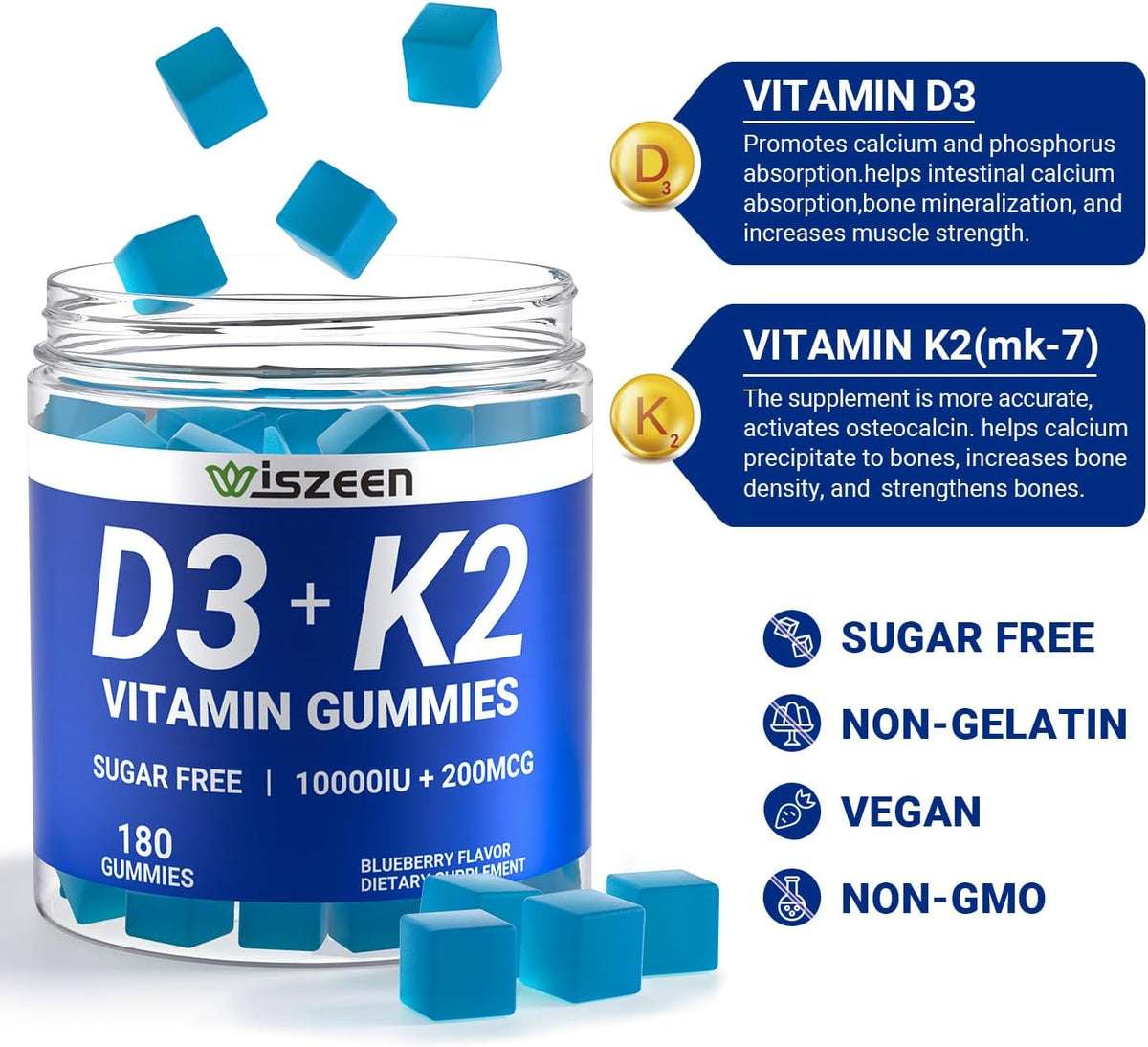Sugar-Free Vitamin D3 K2 Gummies, 10000 IU Vitamin D3 & 200 mcg Vitamin K2 (MK-7) with Calcium, Magnesium, B12 - Vegan, Non-GMO - görsel 5