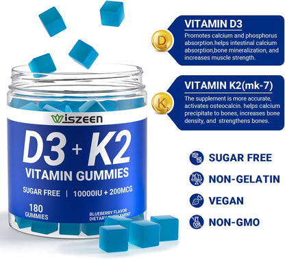 Sugar-Free Vitamin D3 K2 Gummies, 10000 IU Vitamin D3 & 200 mcg Vitamin K2 (MK-7) with Calcium, Magnesium, B12 - Vegan, Non-GMO