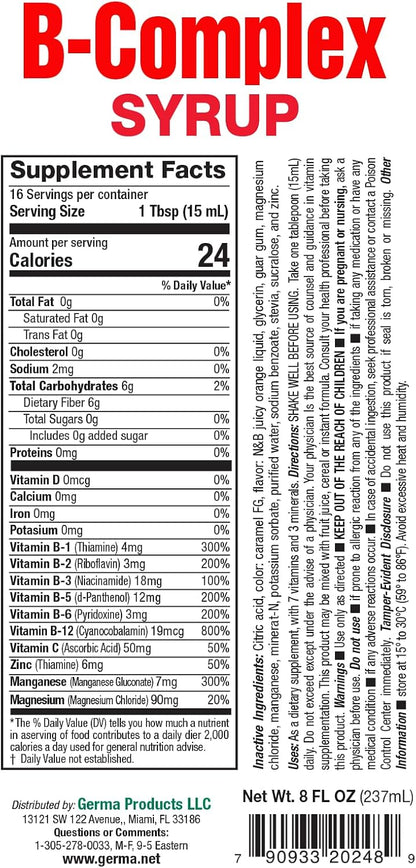 Germa B-Complex Syrup, Sugar Free, Orange Flavour, 8 fl oz