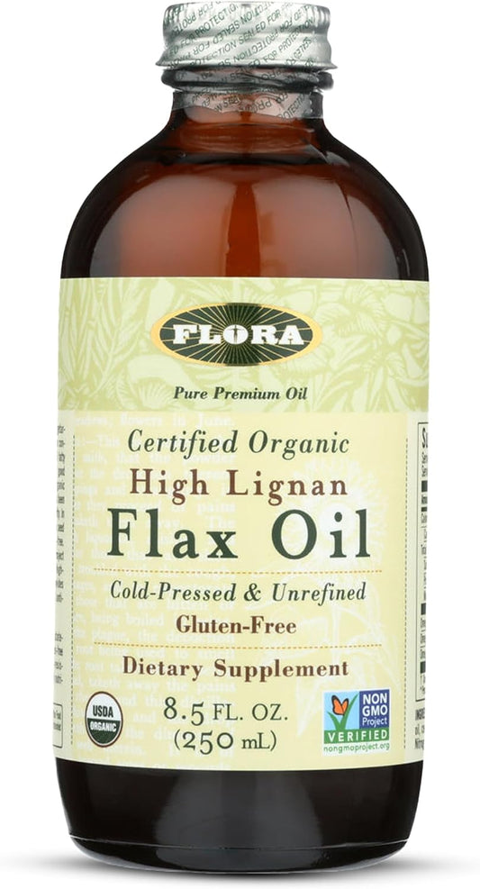 Flora High Lignan Flax Oil - Organic Omega-3, 6, 9 with Lignans - Cold-Pressed, Non-GMO, Gluten-Free - 250 ml