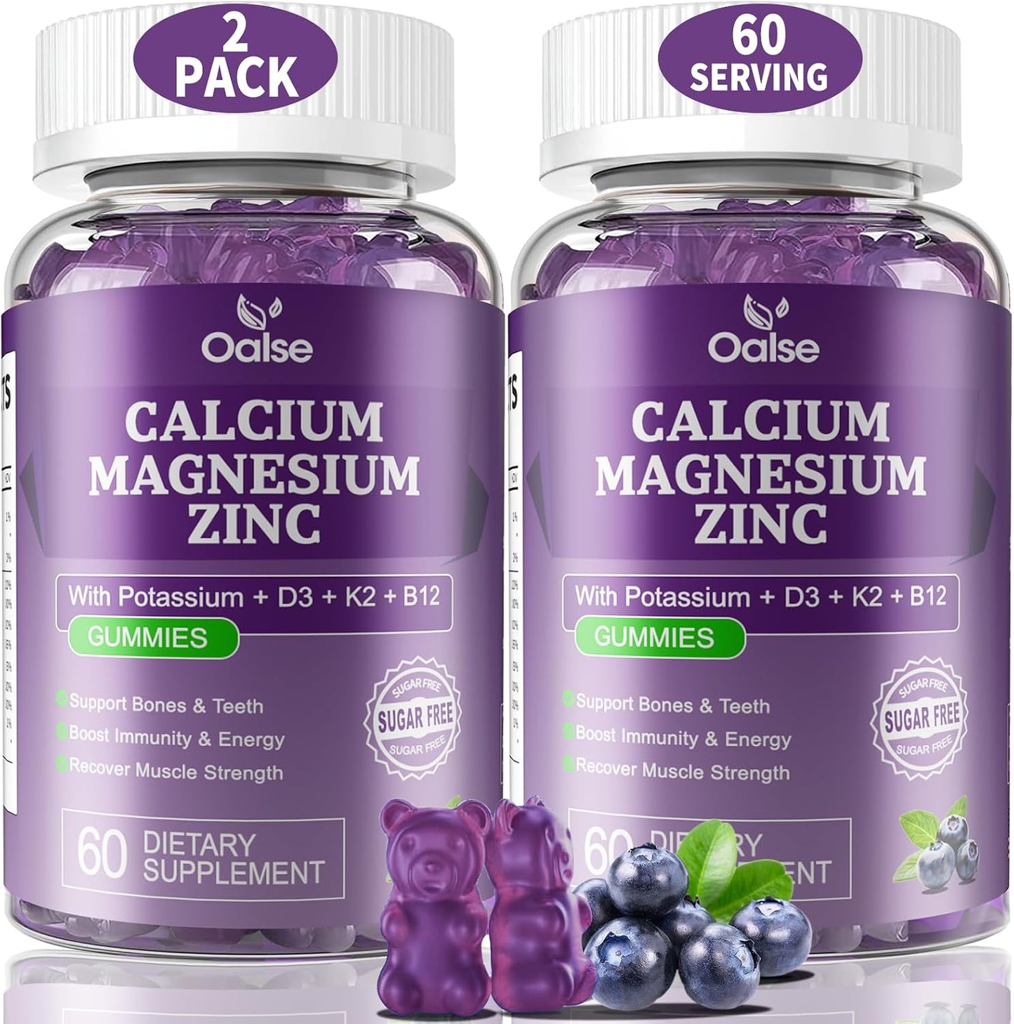 (120 Counts) Calcium Magnesium Zinc Gummies with Vitamin D3 & K2 - High Absorption Magnesium Glycinate - Sugar Free - Blueberry Flavoured - görsel 1