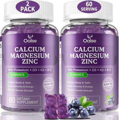 (120 Counts) Calcium Magnesium Zinc Gummies with Vitamin D3 & K2 - High Absorption Magnesium Glycinate - Sugar Free - Blueberry Flavoured