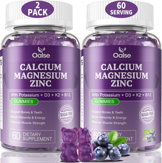 (120 Counts) Calcium Magnesium Zinc Gummies with Vitamin D3 & K2 - High Absorption Magnesium Glycinate - Sugar Free - Blueberry Flavoured