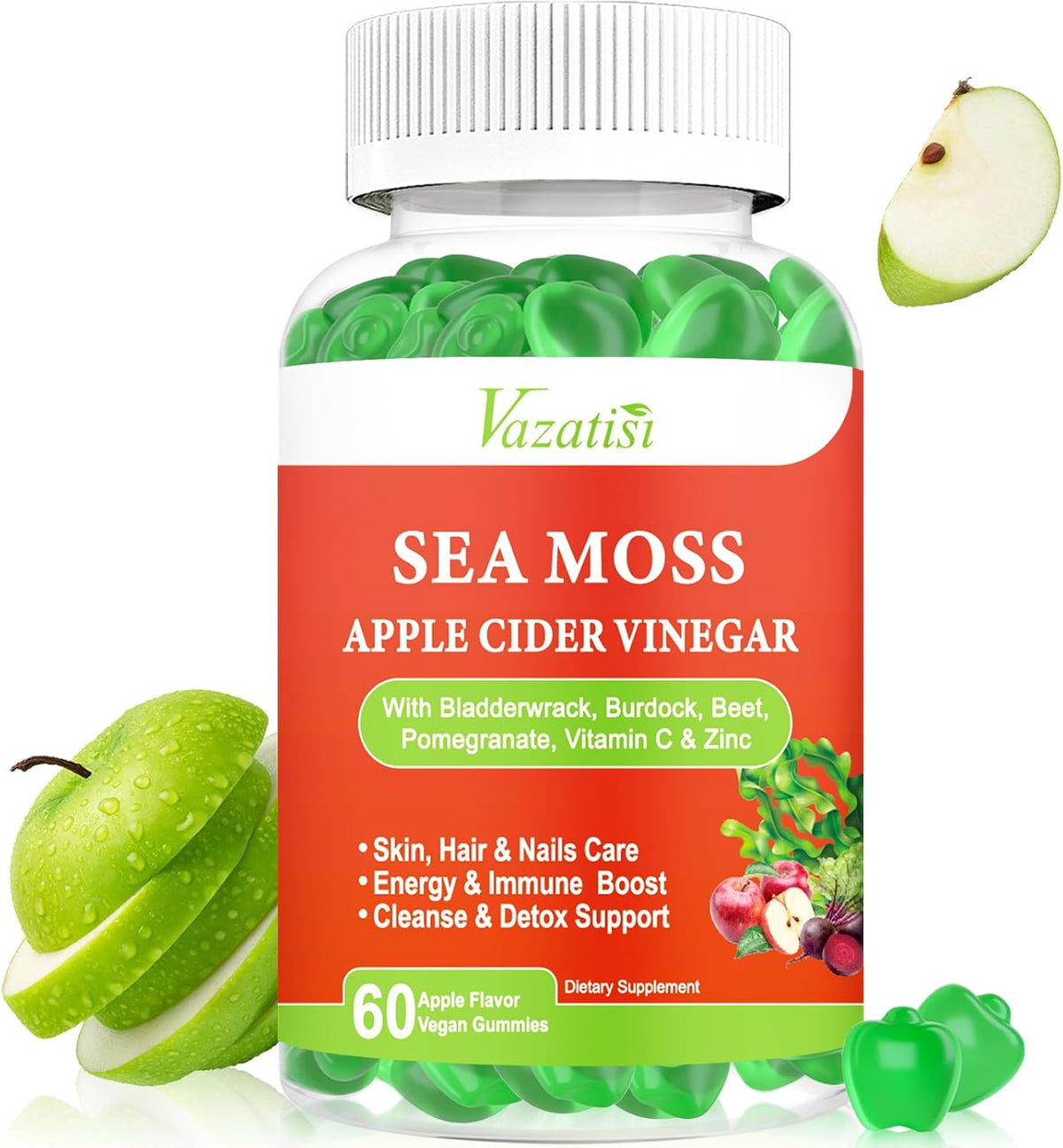 Vazatisi Apple Cider Vinegar Gummies with Sea Moss for Metabolism, Digestion & Immune Health - Apple Flavoured, 60 Count - görsel 1