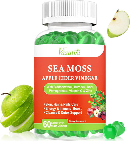 Vazatisi Apple Cider Vinegar Gummies with Sea Moss for Metabolism, Digestion & Immune Health - Apple Flavoured, 60 Count