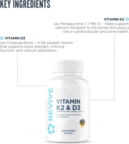 REVIVE MD Vitamin D3 & K2 Food Supplement | 5000 IU D3 + MK-7 K2 | 60 Soft gel capsules
